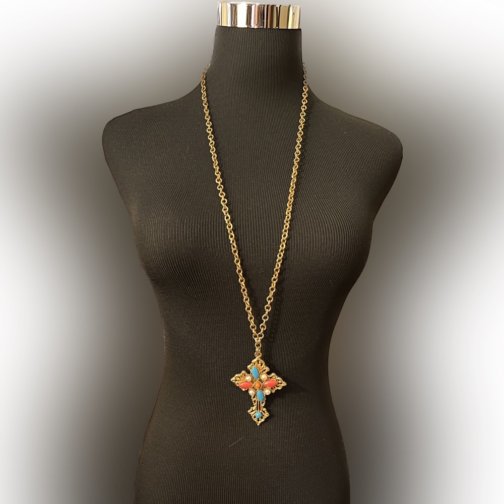 Beautiful salmon and turquoise colored blue gold tone cross- vintage col…